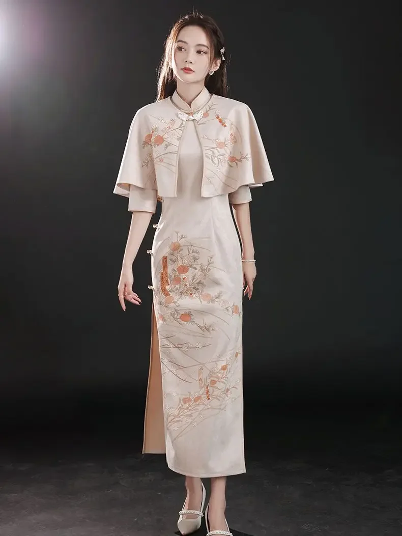 Elegant Slim Qipao +Shawl Two-piece Chinese Dress Women Hanfu Traditional Robe Orientale Female Vestido Chino Autumn Cheongsams