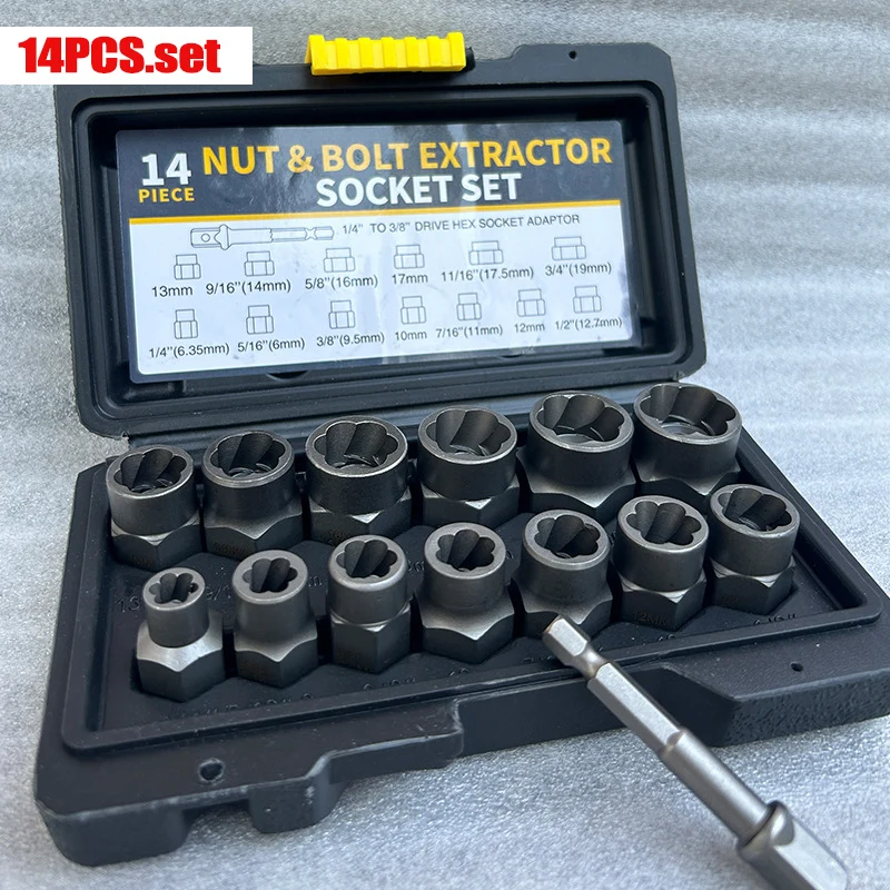 10/14pcs Socket Set Damaged Impact Socket Tool Set 3/8 Inch Socket Set Nut And Bolt Extractor Impact Bolt & Nut Remover with Cas