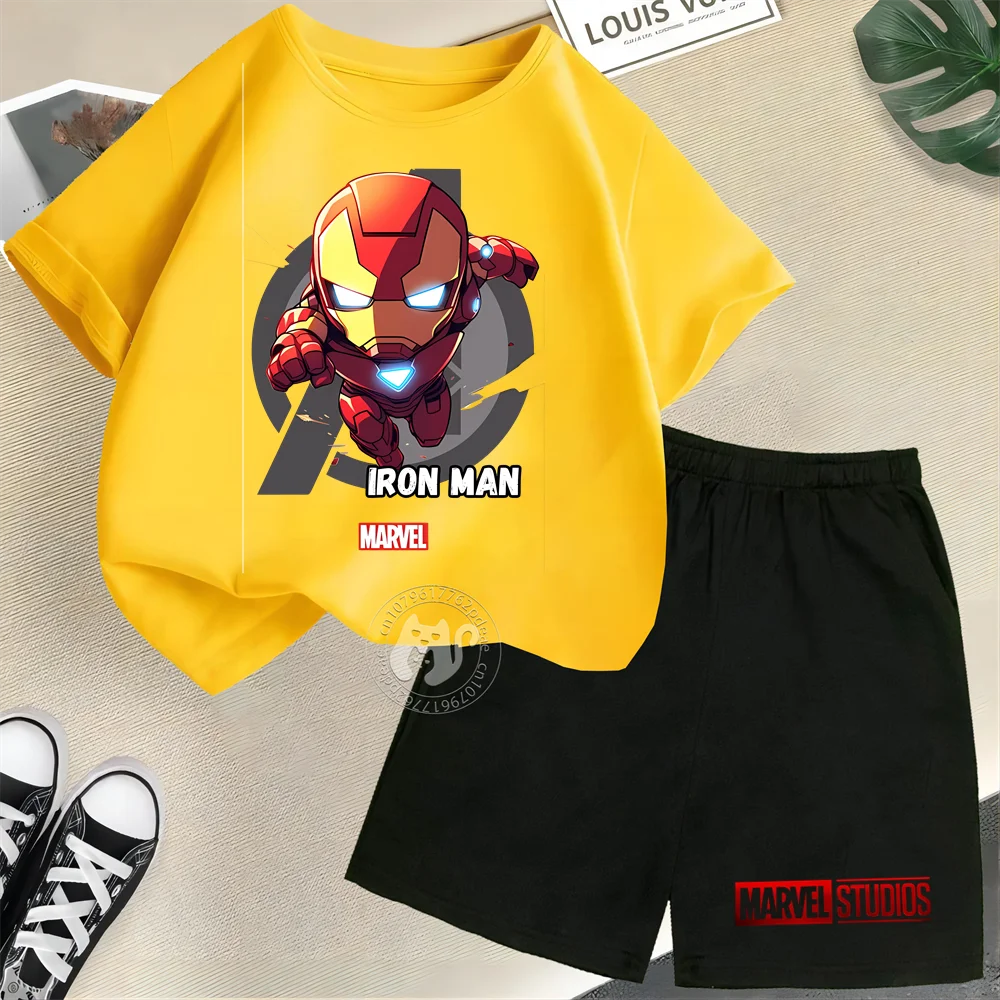 Superhero Kids Summer 100% Cotton Teen Crewneck T-shirt + Shorts Iron Man Print Boys Girls Comfortable Casual Suit   Disney Mick