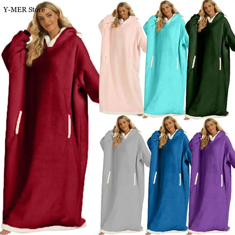 

150Cm Super Long Flannel Blanket with Sleeves Winter Hoodies Sweatshirt Women Men Pullover Fleece Giant Tv Blanket Oversized New