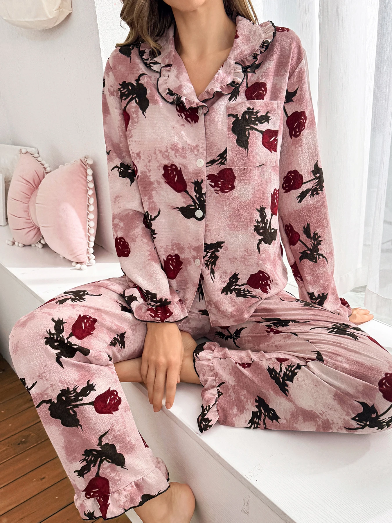 Spring Summer Autumn Winter Ladies Sweet Dry Rose Cardigan Long Sleeve Pants Casual Homewear Sleepwear Set