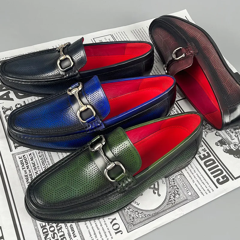 Men Dress Shoes Loafers Genuine Leather Shoes Business Wedding Party Shoes Men Slip On Casual Green Shoes Office Formal Shoes