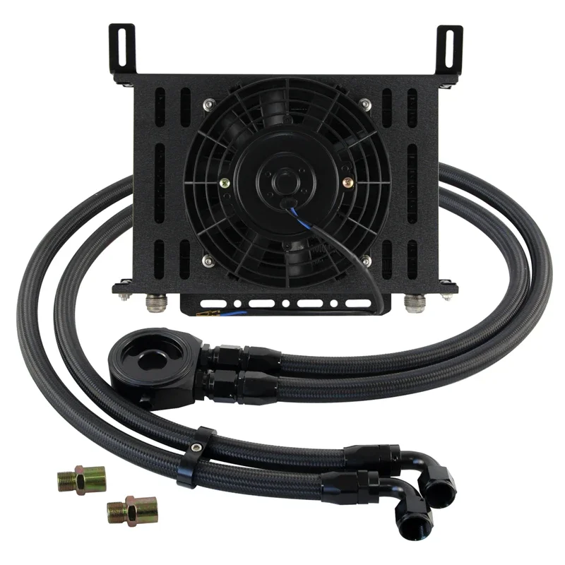 

Universal Black/Blue 15 Row Oil Cooler w/ Filter Adapter Bracket 7" Electric Fan Kit AN10 7/8"-14 UNF;M20×1.5&3/4"-16 UNF