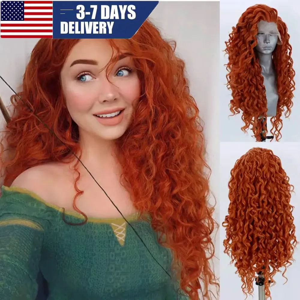 Ginger Orange Long Curly Synthetic Lace Front Wig for Women High Temperature Fiber Glueless Cosplay and Halloween Role Play Wig