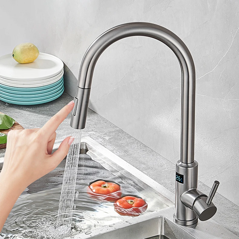 Robinet de cuisine intelligent à écran tactile numérique, robinet d'eau chaude et froide à nervures brossées