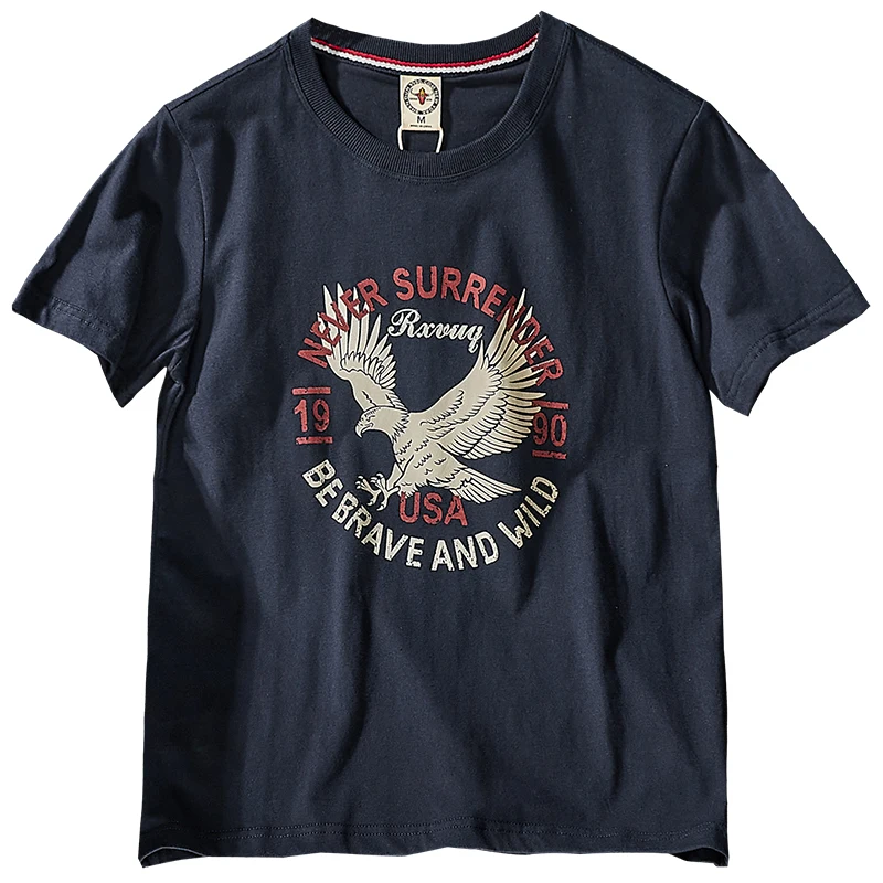 Summer New American Retro Short-sleeved O-neck Eagle Printed T-shirt Men\'s Fashion Simple 100% Cotton Washed Casual Sport Tops