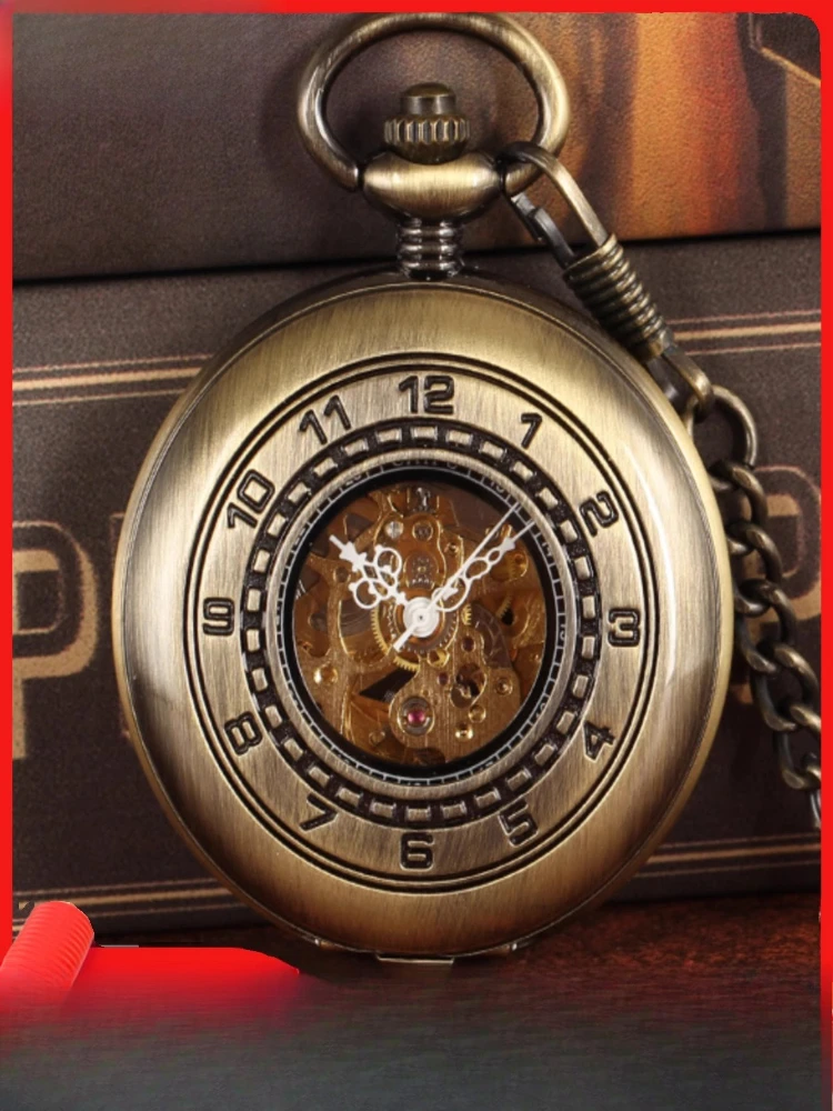 Reloj de bolsillo mecánico completamente automático con tapa retro nostálgico para hombres y mujeres, reloj con colgante