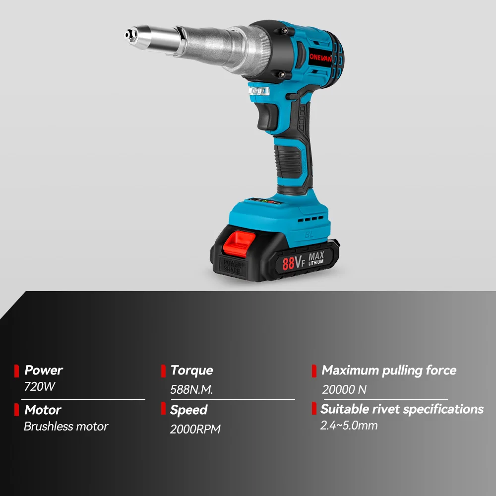 ONEVAN 20000N 720W Brushless ไฟฟ้า Rivet Gun 2.4 ~ 5.0 มม.ไร้สาย Rivet Nut Gun เจาะเครื่องมือสําหรับ Makita 18V แบตเตอรี่ pin