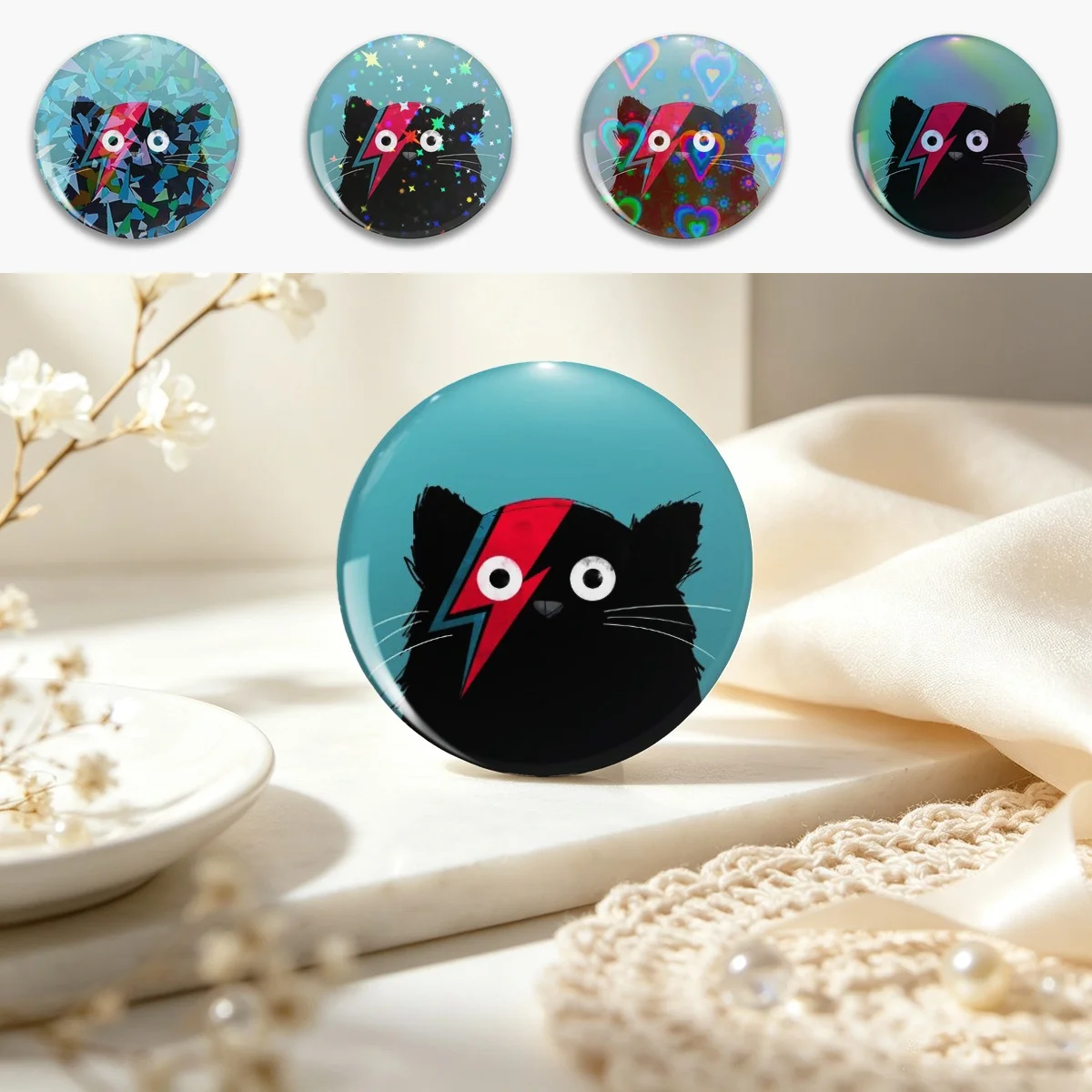 Cat Bowie Pin Holographic Star Heart Pin Brooches Laminated Button Fashion Accessory