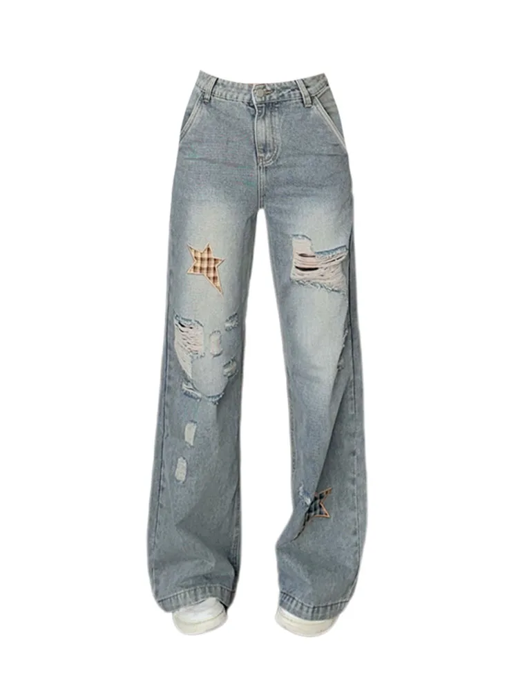 

New Design Blue Wide Leg Pants High Waist Korean Fashion Ripped Hole Jeans Casual Denim Trousers Vintage Trend 2000s Aesthetic