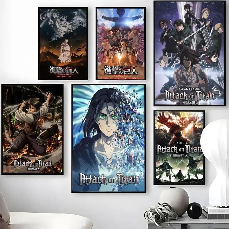 Anime A-Attack on T-Titan Poster Waterproof Self-Stick Wall Art Stickers, Removable Wall Decor for Living Room and Bedroom