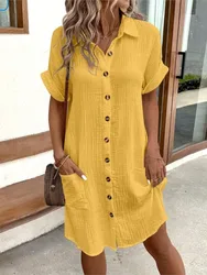 2024 Summer Women's New Fashionable Simple Sexy V-neck Button Single Breasted Short Sleeve With Pocket Dress Women's Wear