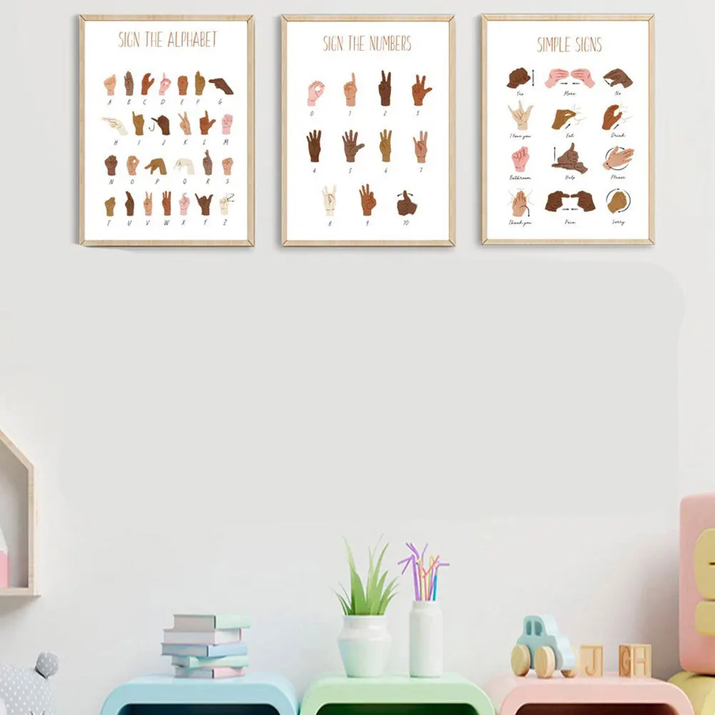 6Pcs Sign Language Learning Posters Canvas Decorative Educational Wall Art for Classroom Home Office Alphabet Numbers