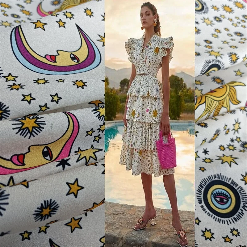 High Quality Printed Sun Moon Polyester Crepe De Chine Fabric Fabrics For Sewing Dress Shirt Fashion Clothing Cloth Per Meter