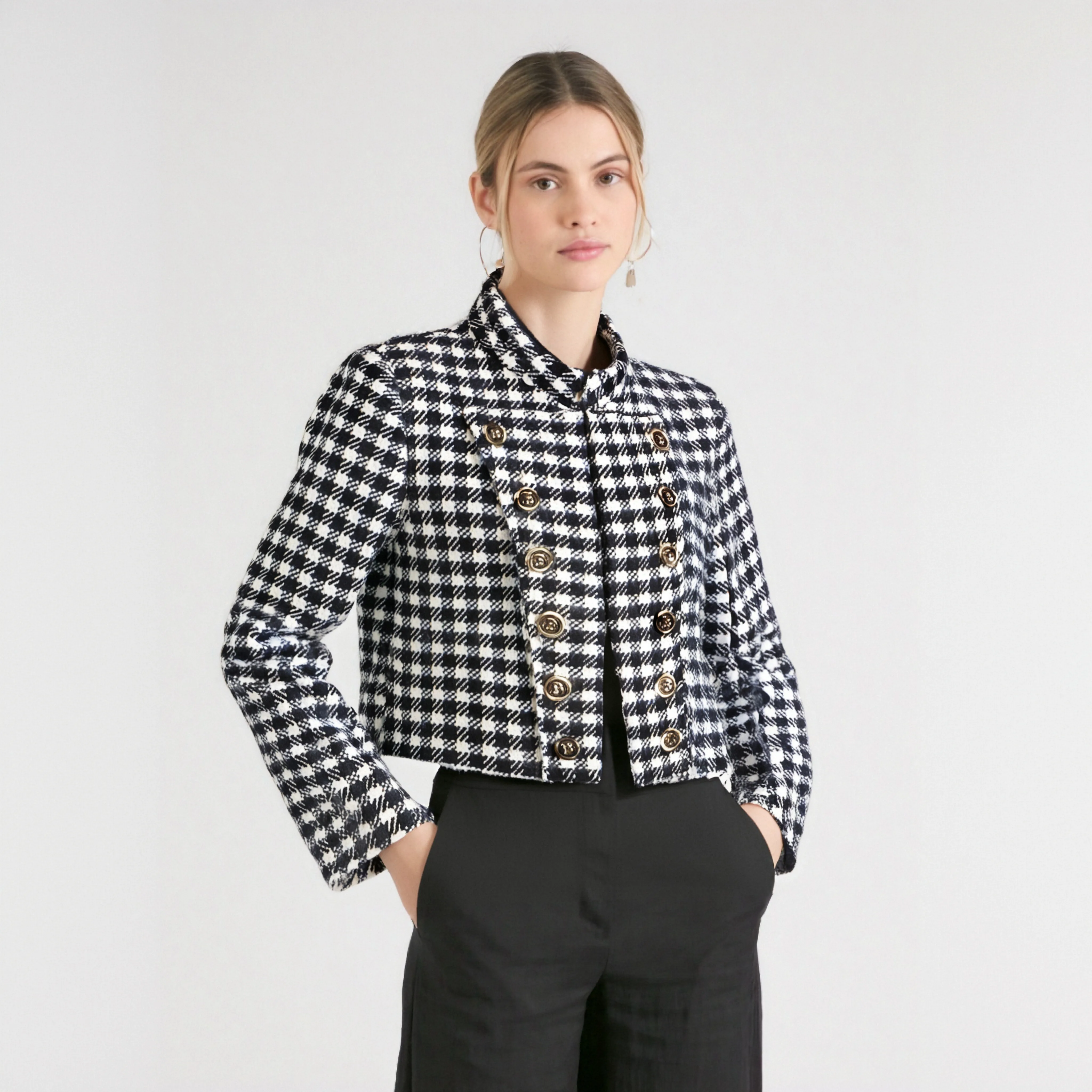 Vintage Houndstooth Slimming Jacket Double Breasted Elegant Fashionable Exquisite Button Small Fragrant Style for Women