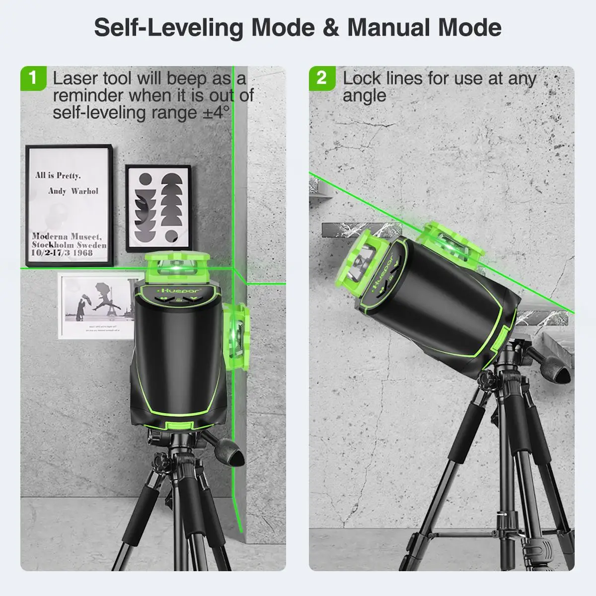 Huepar S03CG-LC 3D Cross Line Laser Level Self-leveling 12 Lines Osram Green Level Alignment Laser Tool With Li-ion Battery