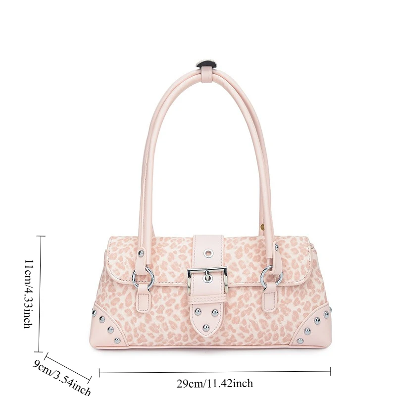 New Leopard Print Rivet Shoulder Bag Women Baguette Handbag Vintage Motorcycle Bag Korean Style Daily Commute