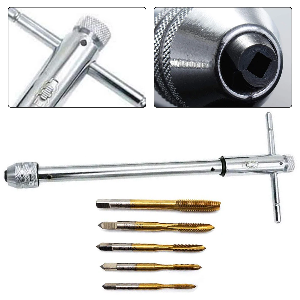ปรับ T-Handle RATCHET TAP ผู้ถือชุดประแจ 5Pcs M3-M8 สกรูเกลียวเจาะ Bit TAP ประแจชุดเครื่องมือแตะ