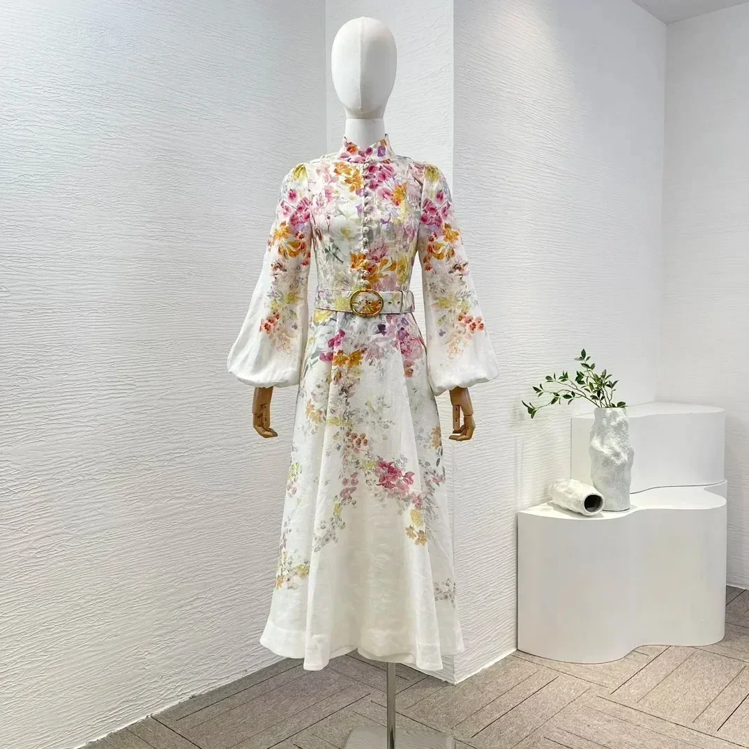 

2024 New Spring Summer High Quality Vintage White Floral Print 3/4 Lantern Sleeve Stand Collar mini Midi Dress Vintage Dresses