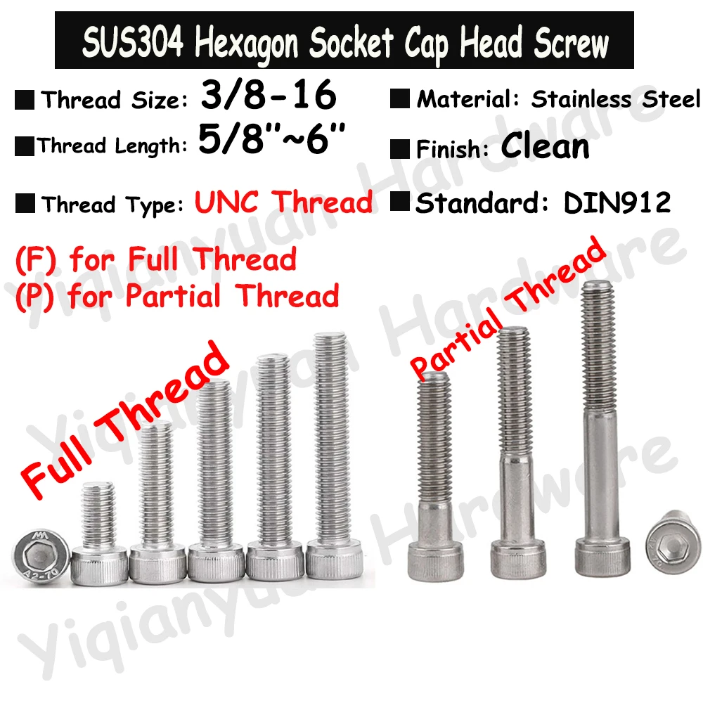 

3/8-16 UNC Thread DIN912 SUS304 Stainless Steel Hexagon Socket Knurled Cap Head Screws Allen Bolts Full/Partial Threaded