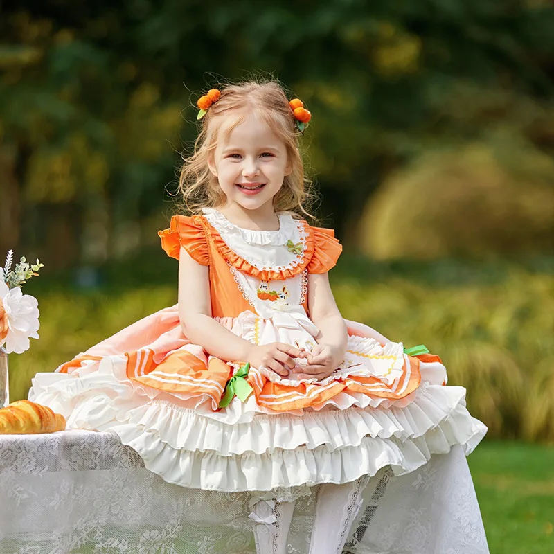 

Children Bow Cute Sweet Vest Lolita Dress Princess Kawaii Cosplay Costume Girl Oranges Eeveless Stage Performance Puffy Dress