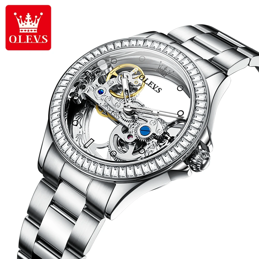 OLEVS 6699 Automatic Mechanical Women\'s Watch Transparent 40mm Big Dial Design Bracelet Watch Set Gift Luxury Watch for Women