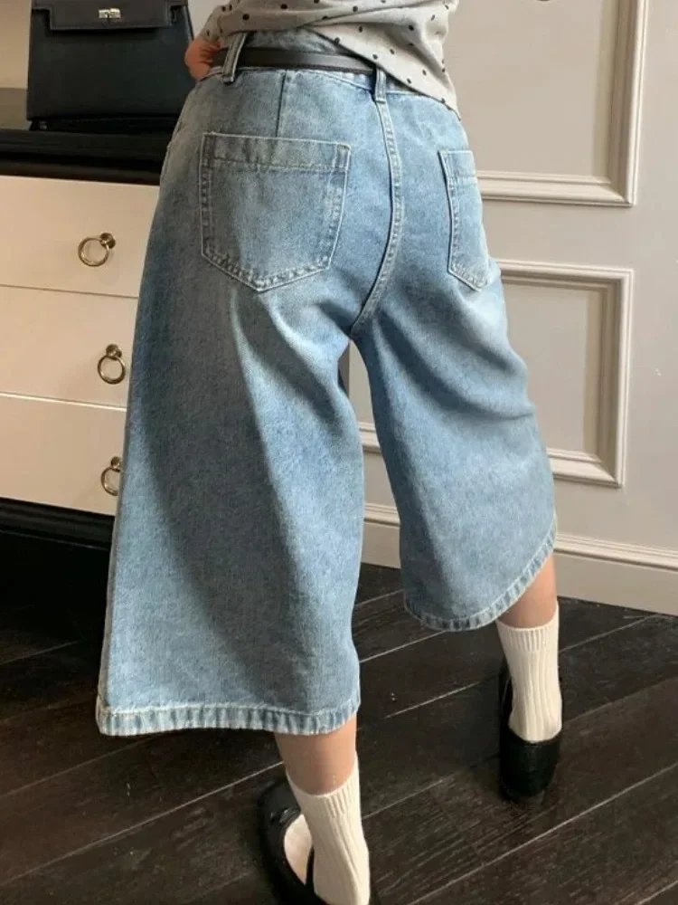 Korean Women's High Waisted Loose Straight Cropped Pants Summer Fashion Versatile Casual Women Oversize Wide Leg Denim Shorts