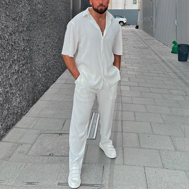 2025 Shirt and Elastic-waist Long Pants Suit Loose Outfits Summer Spring Men Casual Solid Color Two-piece Set Lapel Short Sleeve