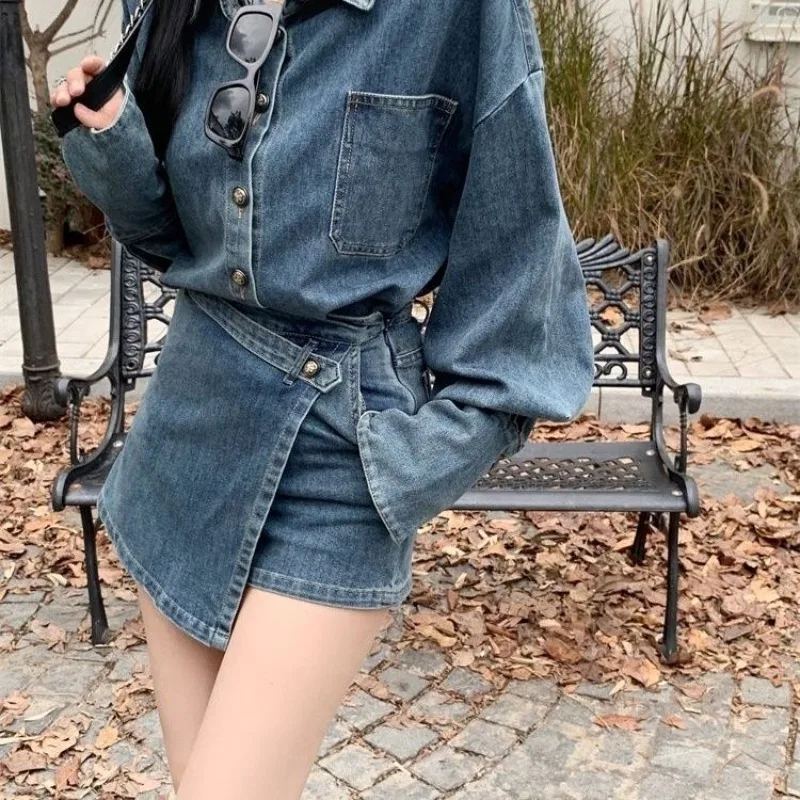 

Skirt Two-piece Denim Suit Female Retro Sense New Coat High Waist Irregularity Look Slimmer Culottes Minority Hottie