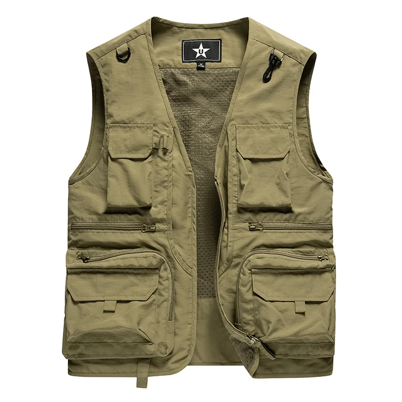 Men Outdoor Vest Multi-Pocket Solid Color Fishing Director Reporter Work Waistcoat Photography Casual Vest Jacket Male