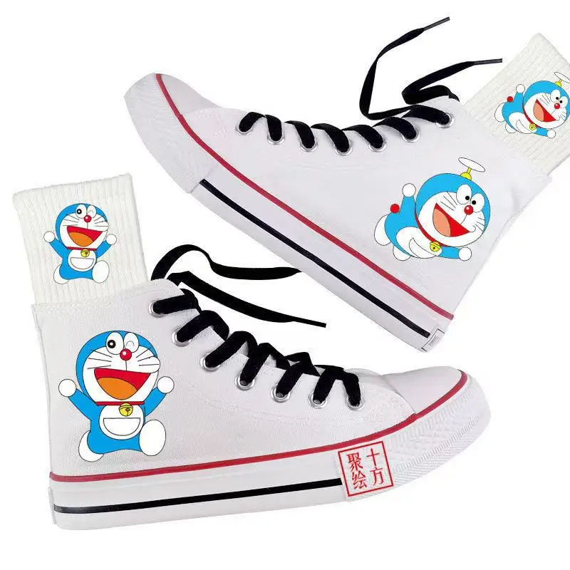 Doraemon drop shipping grils Canvas Shoes Women's plus size white high-top Student Couple high-top real pictures man board shoes