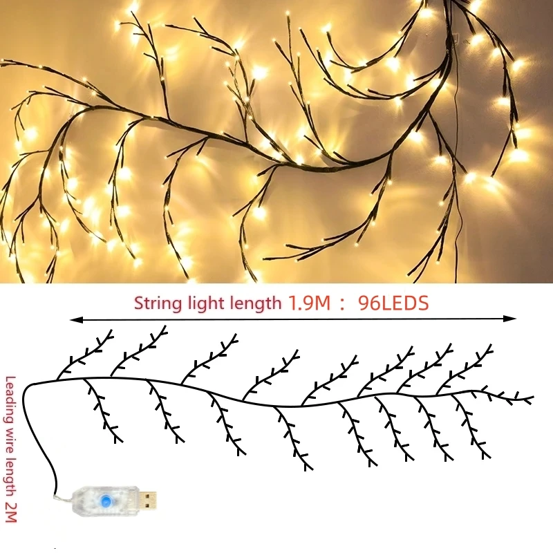 72/96/144 LEDS USB Wilgen Wijnstok Tak Lichten 8 Modi Warm Wit Licht voor Muur Kamer keuken Koffieshop Kerst Halloween Decor