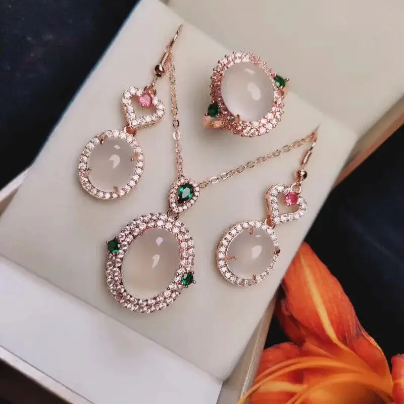 Myanmar luxury pearl jade earrings necklace ring set