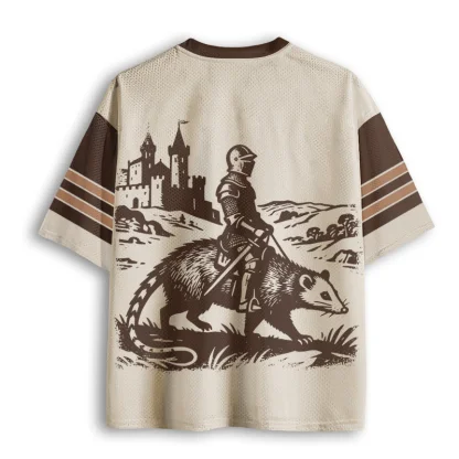 Medieval Knight Ride Opossum Castle Print Men V Neck Mesh Jersey Vintage Woodcut Art Short Sleeve Top