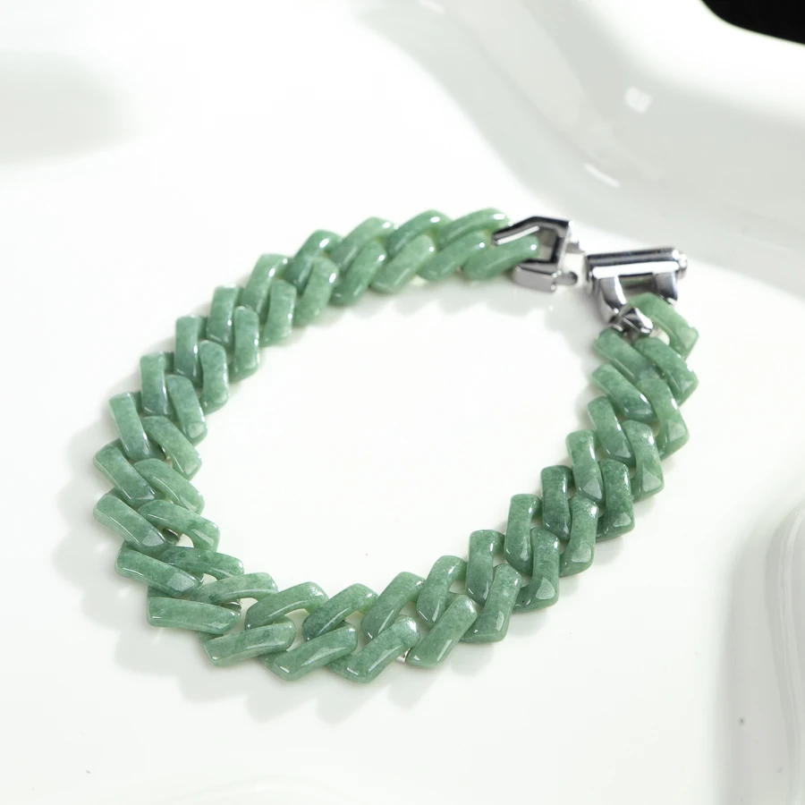 

TIMESWIND Natural A-Type Green Jade Whole Carving Chain Cuban Bracelet Titanium Steel Buckle Personalized Jewelry for Men