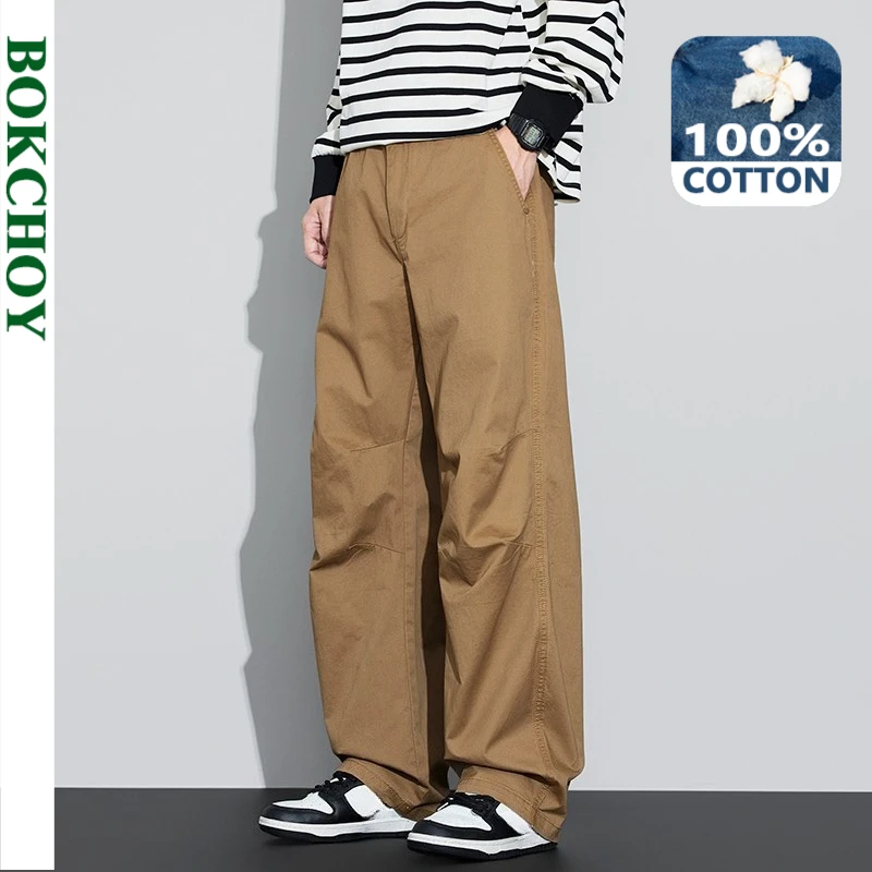 

2025 Autumn New Casual Cargo Pure Cotton Straight Pants for Men Clothing Simple Solid Color Trousers LX8384