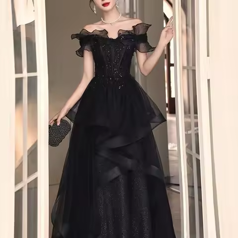 New black off shoulder lady girl women prom evening dress gown performance