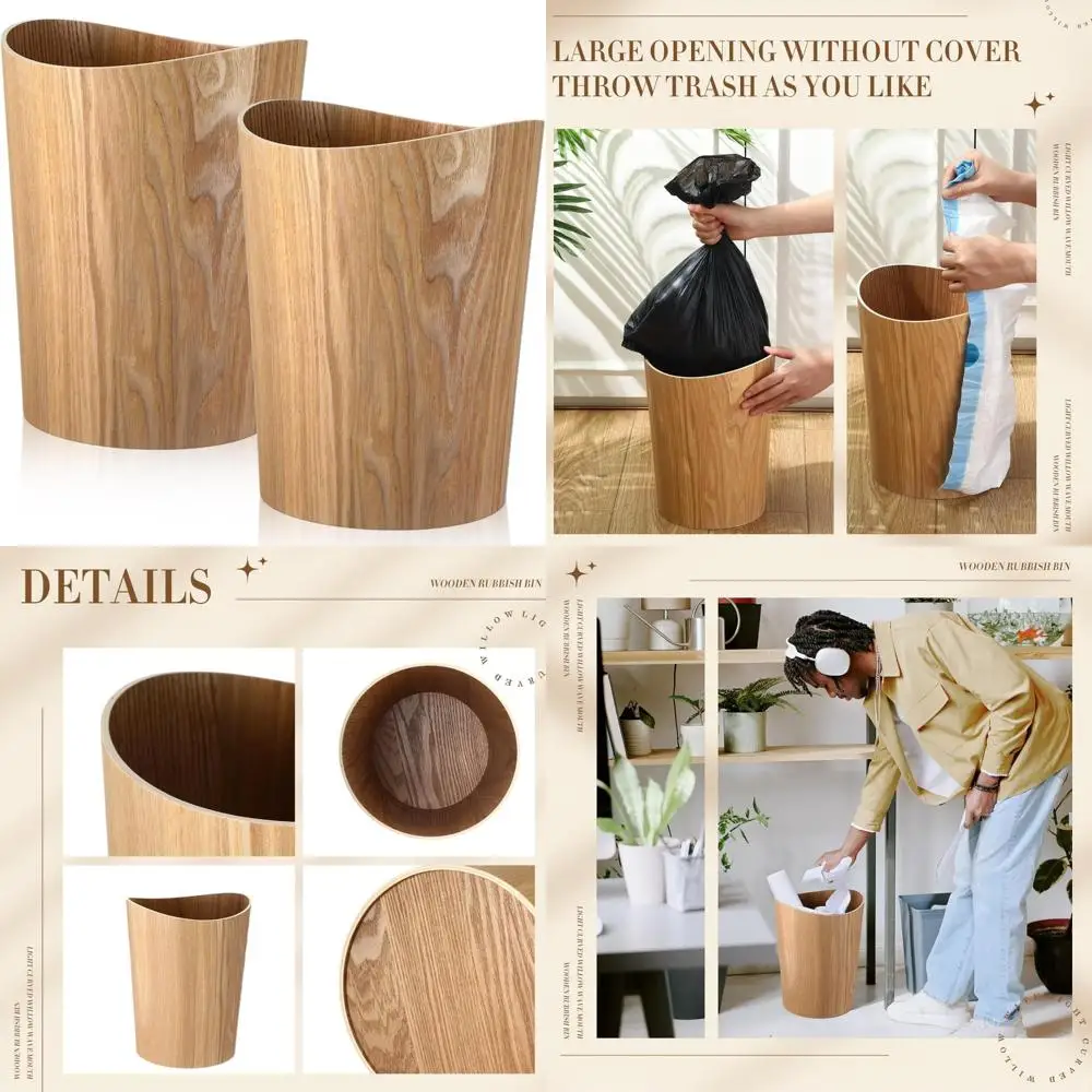 

Natural Wood 2.3 Gallon Round Wastebasket for Home and Office, Small Trash Bin Suitable for Desk and Kitchen Use