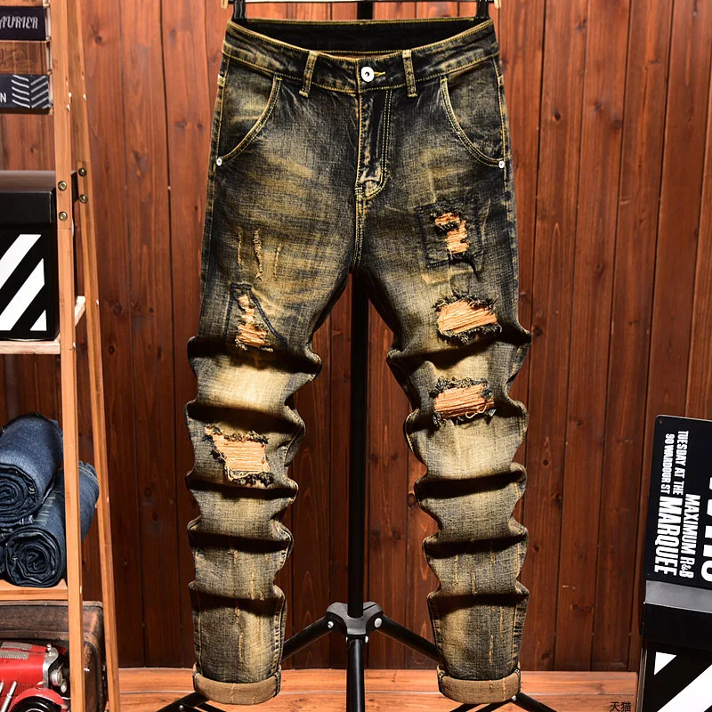 Retro Make Old Ripped Jeans Men's Stretch Yellow Mud Color Nostalgic Trendy Patch Slim-Fitting Ankle-Tied Motorcycle Trousers