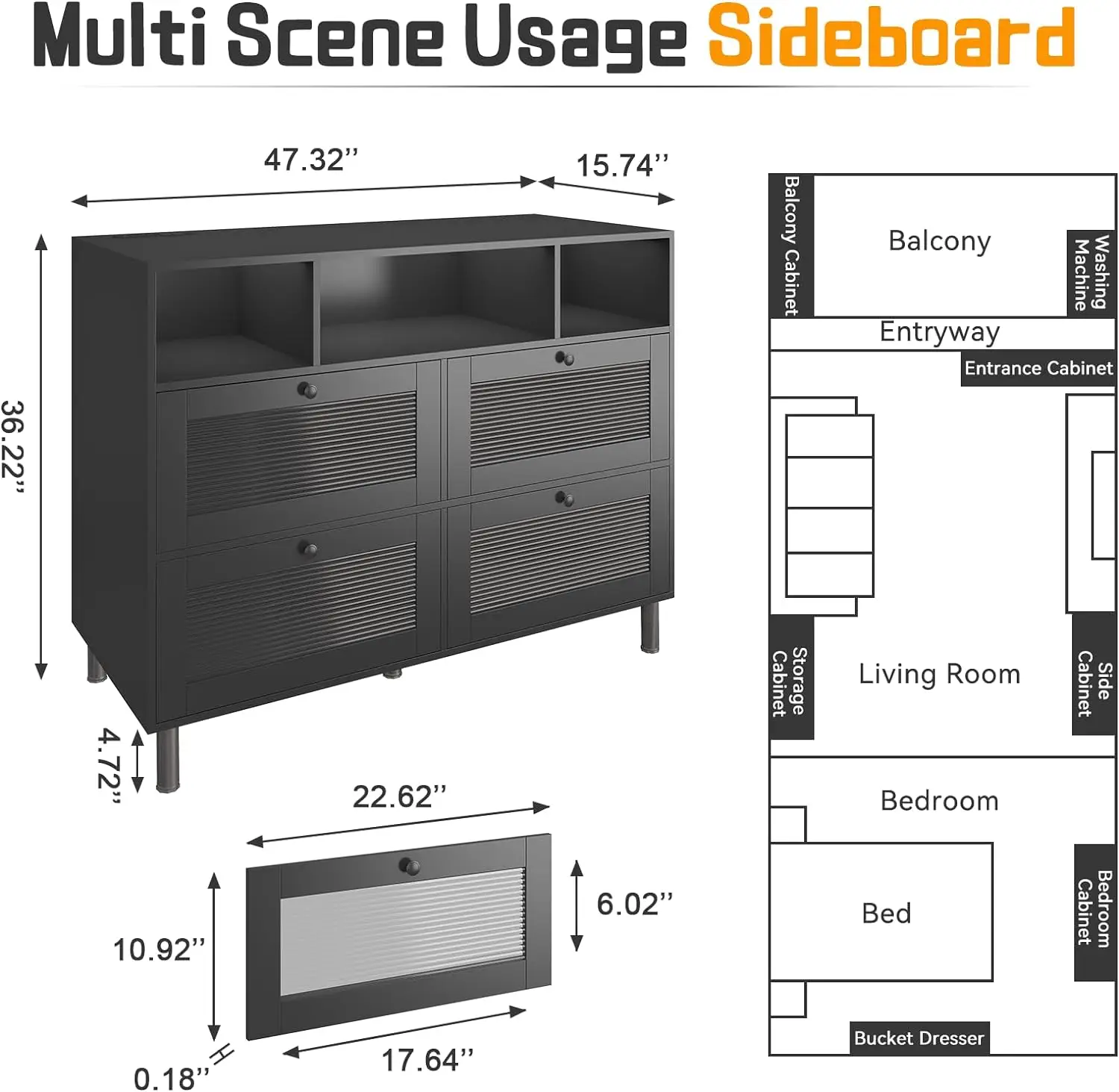 Modern LED Light Sideboard Buffet Cabinet with Power Outlet Multi-Functional Storage Cabinet Kitchen Living Room 47'' TV Stand