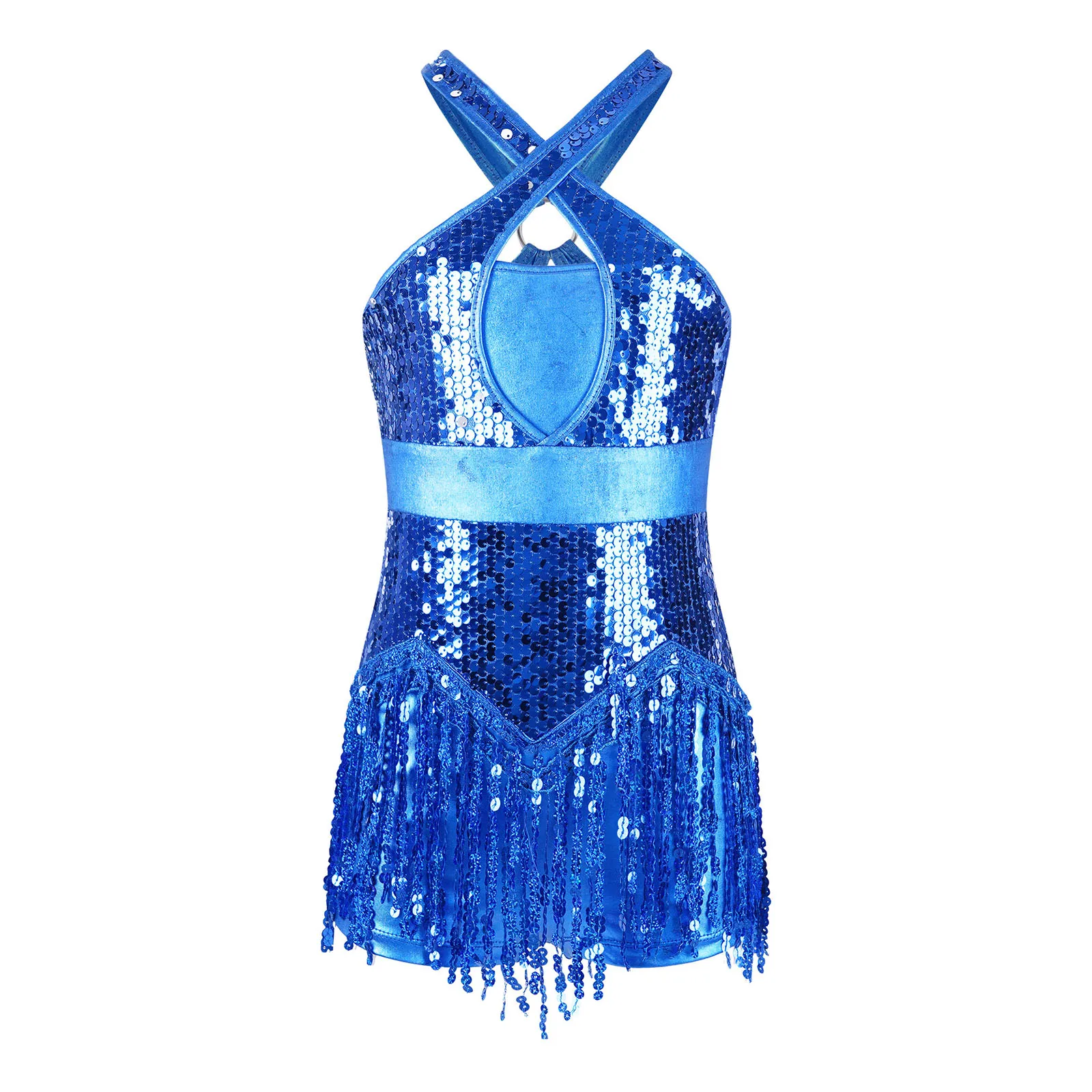 Kids Girls Latin Leotard Sequins Cha-Cha Performance Sparkly Tassel Leotard Cross Front Cutout Back Fringed Bodysuit