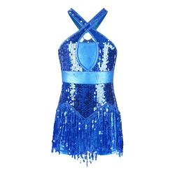Kids Girls Tassel Leotard Dress Latin Dance Cha-Cha Performance Costume Cross Front Cutout Back Fringed Bodysuit Stage Dancewear