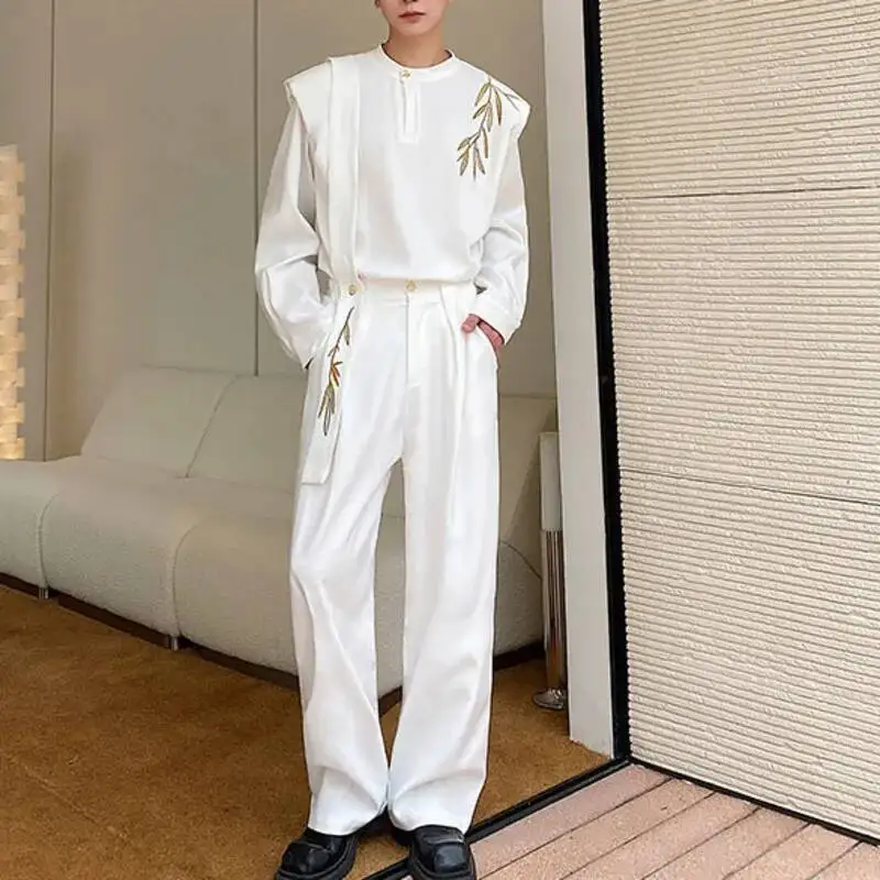 2PCS/Sets Men Embroidered O-Neck Long Sleeve Shirt & Elastic Waist Casual Pants Korean Stylish Vintage Loose Men Suits