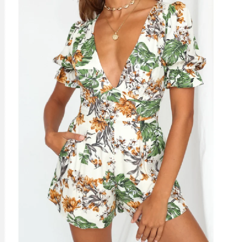 

Deep V Neck Chiffon Romper Overall Puff Sleeve Wide Leg Summer Boho Playsuits Floral Print Green Short Jumpsuits 2021