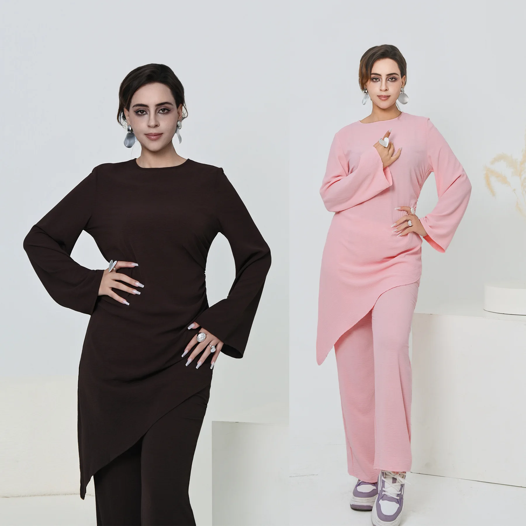 

Arab Women Eid Muslim Two Pieces Set Blouse Wide Leg Pant Musulman Ensemble Shirt Ramadan Modest Islamic Clothing Turkey Suit