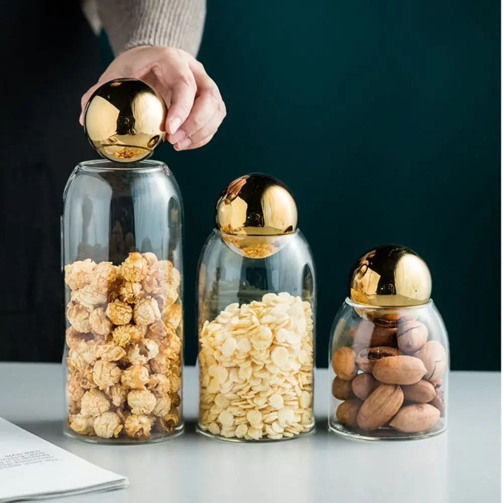 Glass Storage Bottle Tea Coffee Sugar Food Storage Can Sealing Jar Household Storage Organizer with Gold Silver Ball Lid