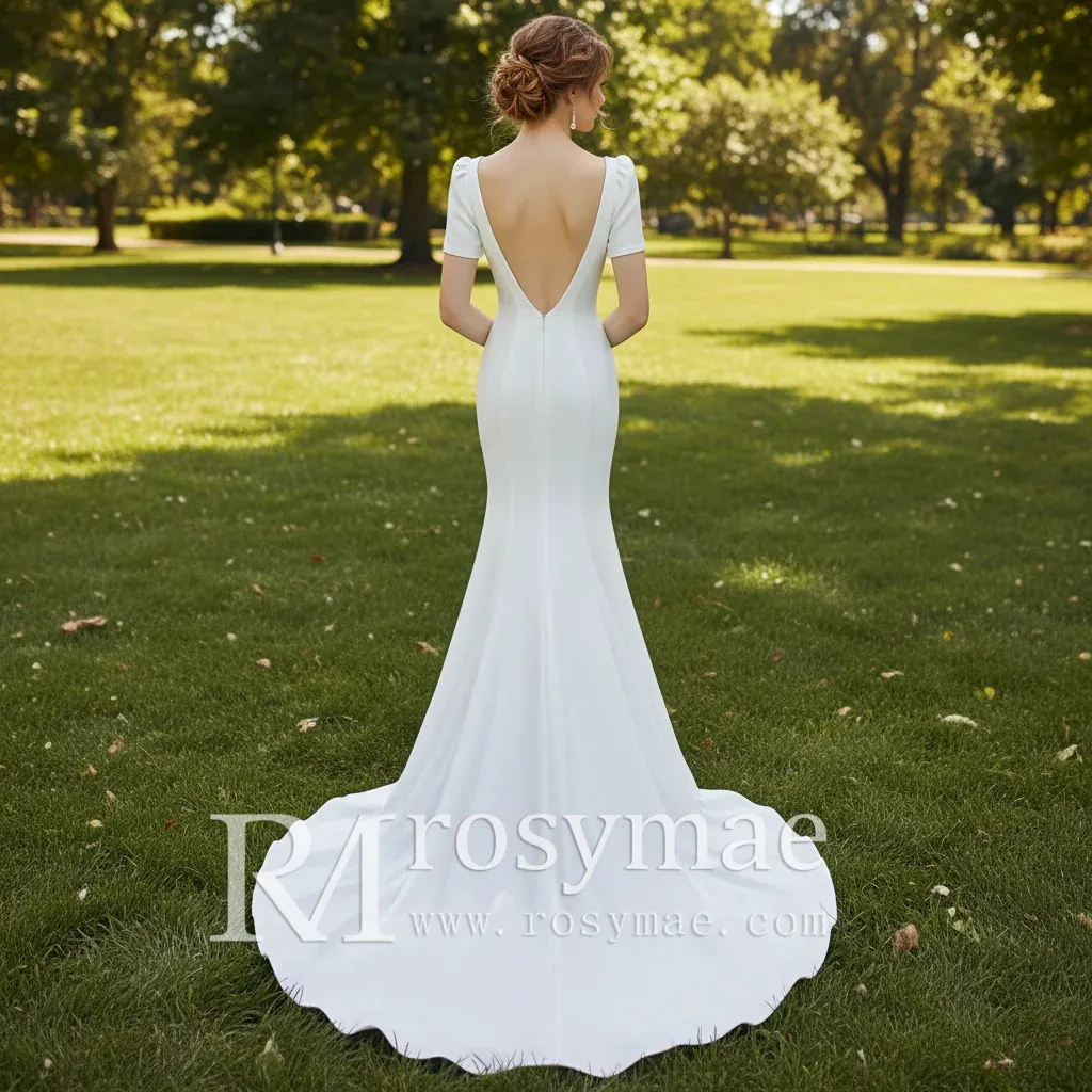 Rosymae Short-Sleeve Mermaid Satin Wedding Dress Simple Bride Gown
