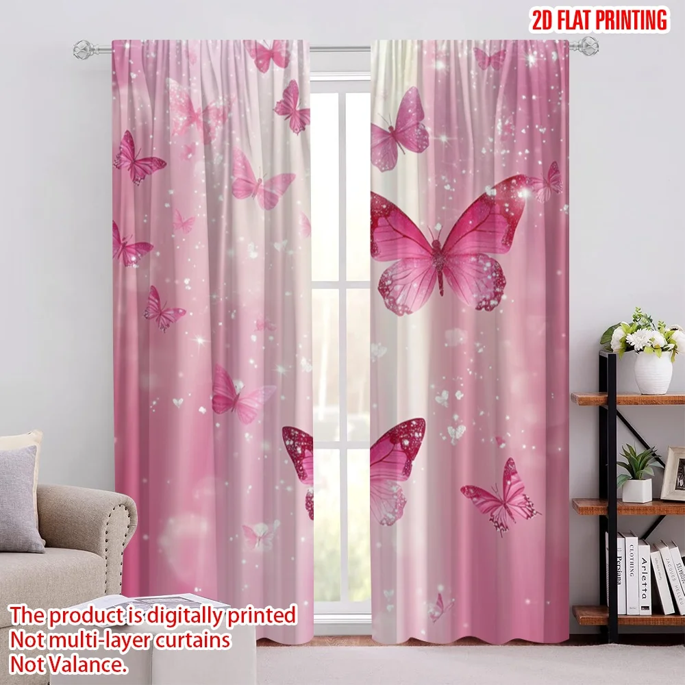 2pcs,2D plane printing Window Curtain Pink Flutterdreams Durable 100% Polyester Fabric (without rod) Outdoor Decorations for