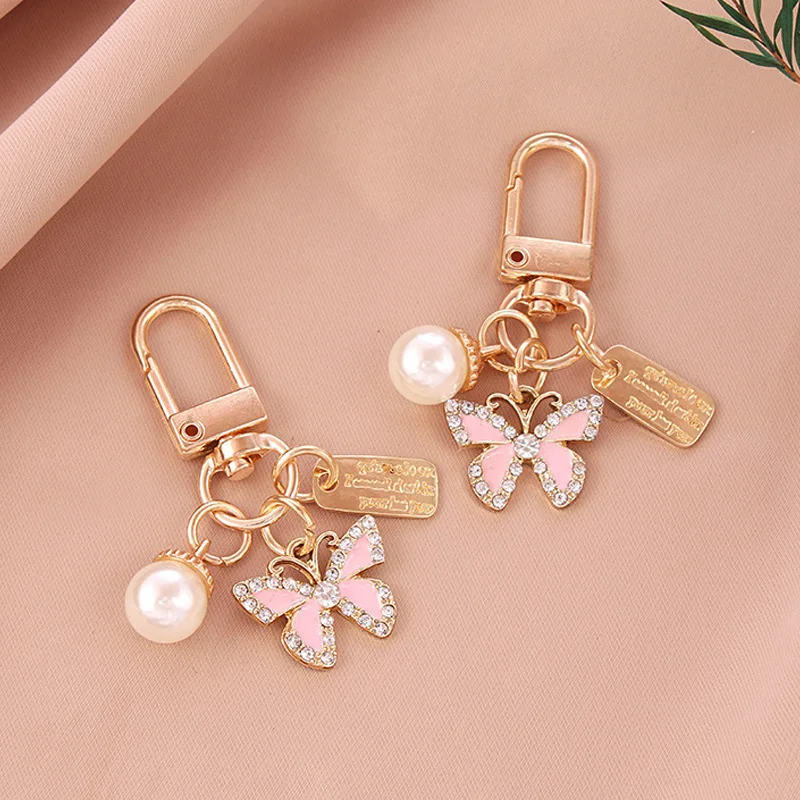 Rhinestone Butterfly Keychain Pearl Metal Tag Keyring For Women Handbag Pendant Ornaments Key Chain Gifts For Friend Accessories