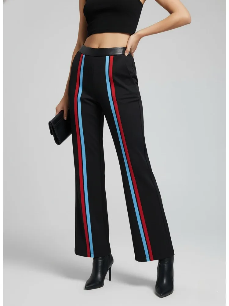 Damskie spodnie w kontrastowe paski, z wysokim stanem, długie, proste, eleganckie spodnie z szerokimi nogawkami, pasujące do różnych stylizacji, kolekcja 2025.